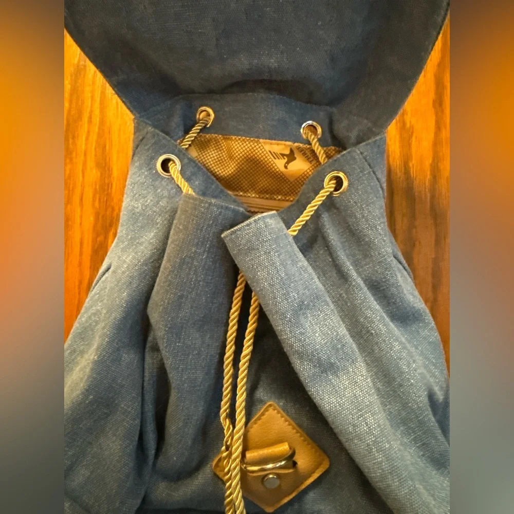 Blue and Tan Drawstring Backpack